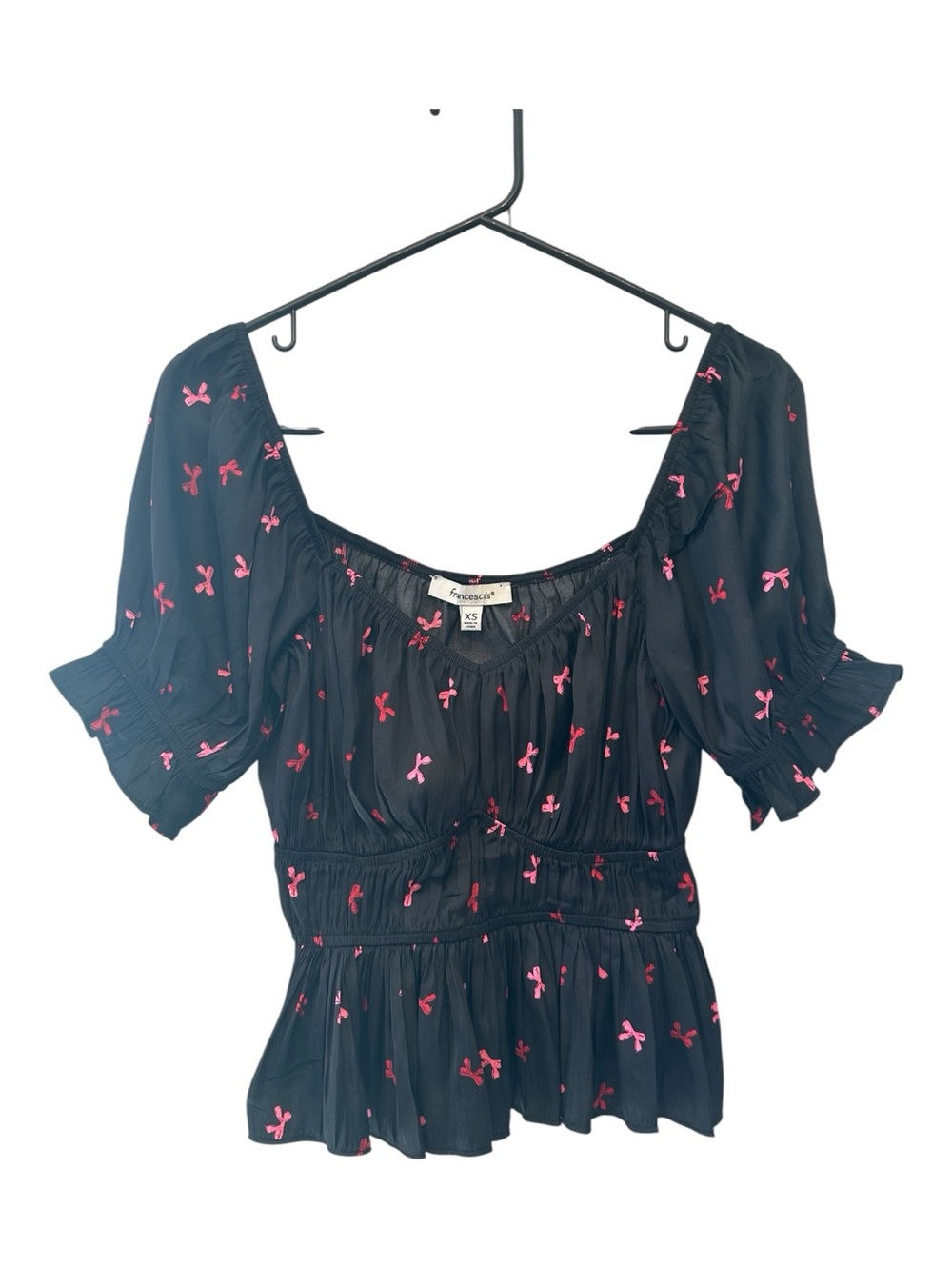 Francesca's Black Crop Top with Pink Bow Print Size XS